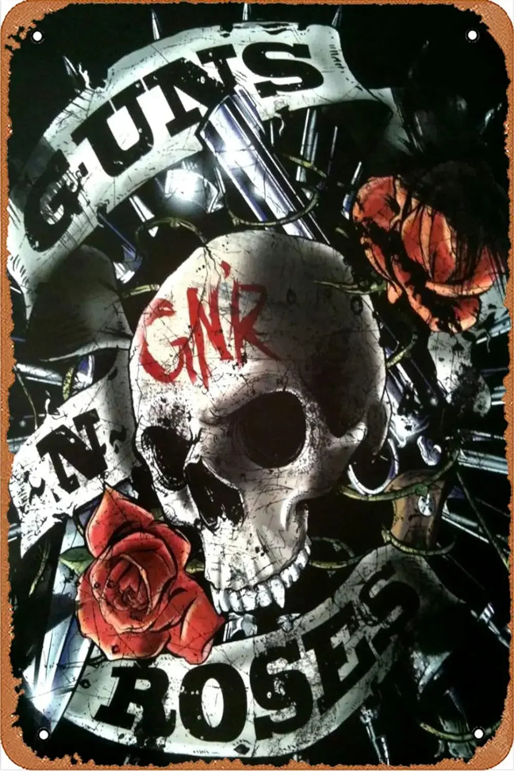 Decoración de pared con placa de banda de rock vintage, diseño de calavera y rosas.