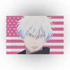 Anime style illustration of a white-haired male character with blue eyes against an American flag background