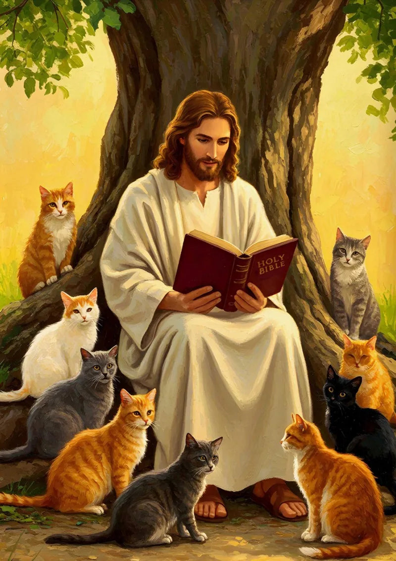 Jesus reading a book surrounded by several cats in a forest setting.