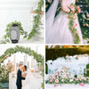 Collage de décoration florale avec une guirlande d'eucalyptus, une robe de mariée et une arche extérieure.