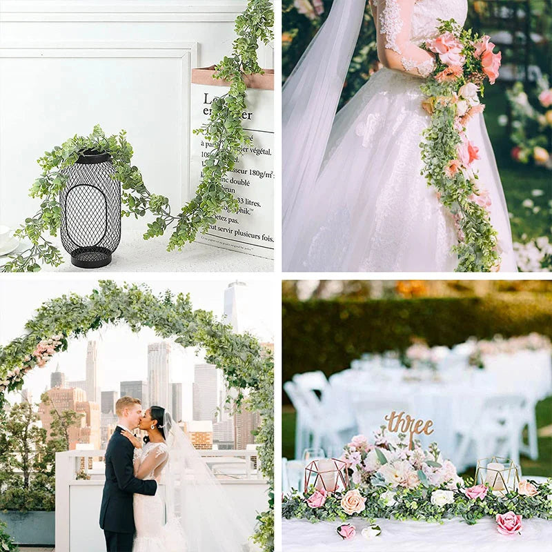 Collage de décoration florale avec une guirlande d'eucalyptus, une robe de mariée et une arche extérieure.