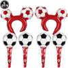 A set of six red and white standing soccer balloons or football-themed party décor items.