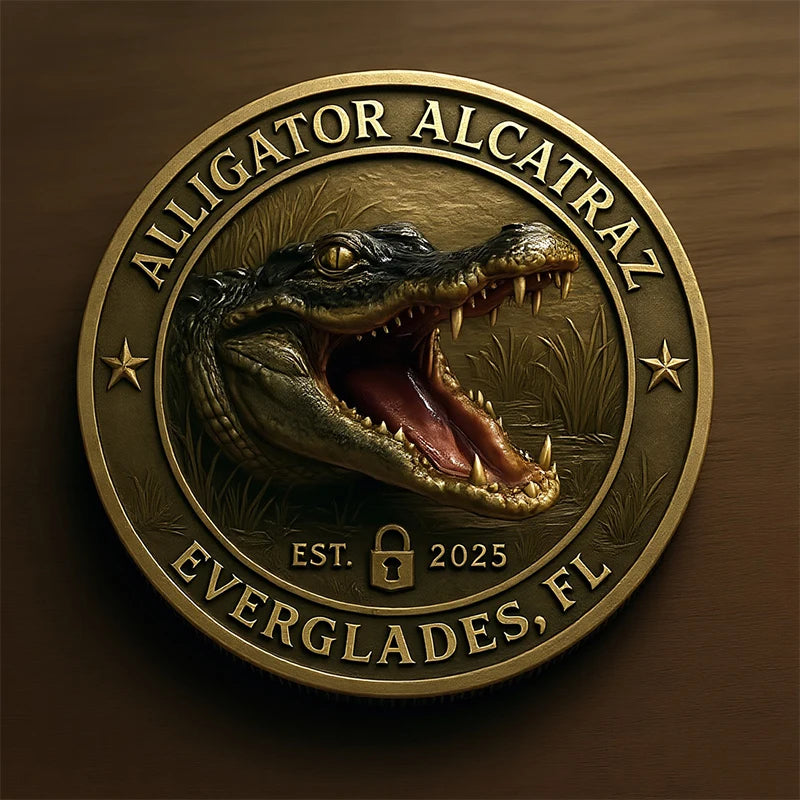 A round gold-colored collectible coin featuring a detailed illustration of an alligator head with an open mouth.
