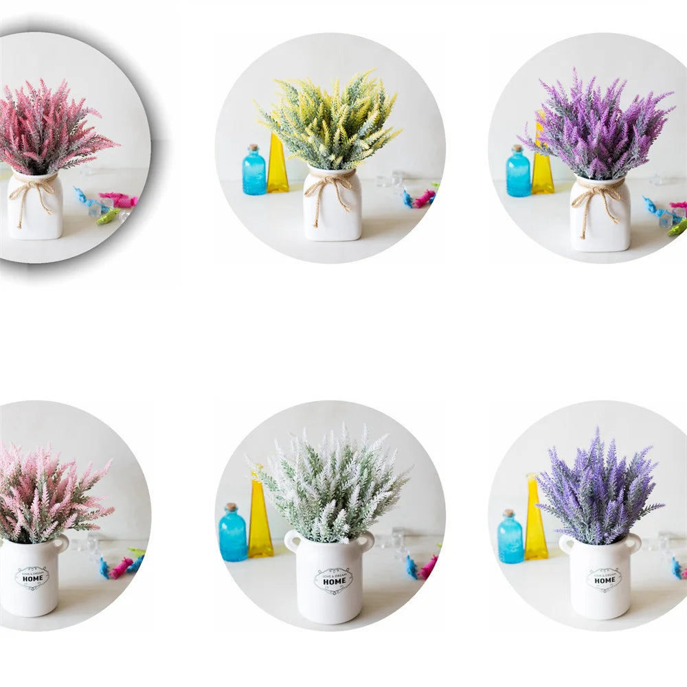 Three arrangements of romantic lavender artificial flowers in white vases with yellow and blue glass accents.