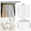 Set of three sheer tulle backdrop curtains with string lights and extension lines for event decor