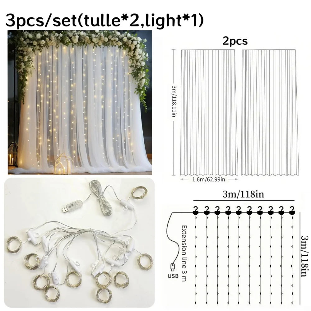 Set of three sheer tulle backdrop curtains with string lights and extension lines for event decor