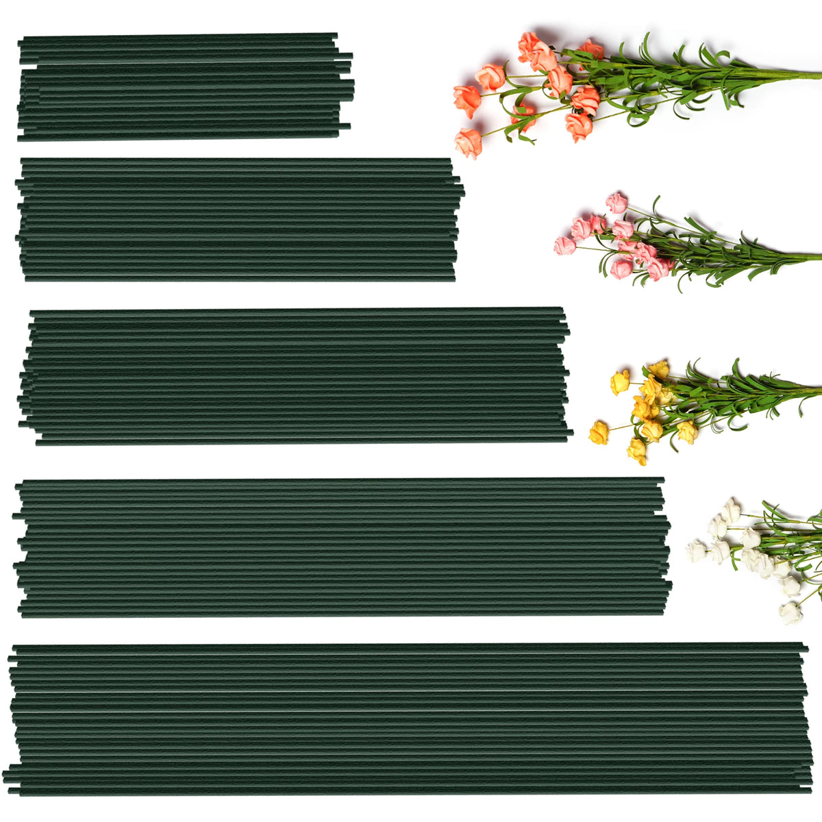 Several strips of dark green artificial flower stems and a sprig of pink flowers on a white background.