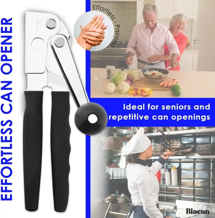 A black and silver effortless can opener tool shown next to a person opening canned goods.