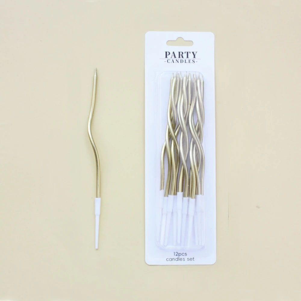 A package of twelve long, thin, gold spiral candles for parties.