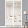 A white magnetic automatic screen door curtain is shown in a modern interior setting.