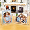 A set of horizontal and vertical acrylic photo frames displaying family portraits in a modern living room setting.