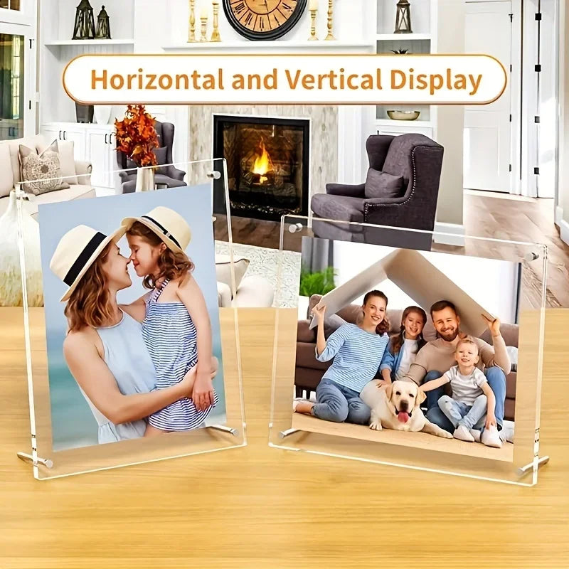 A set of horizontal and vertical acrylic photo frames displaying family portraits in a modern living room setting.