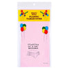 A package of heavy duty plastic tablecloths in pink and yellow with colorful balloons