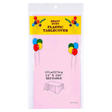 A package of heavy duty plastic tablecloths in pink and yellow with colorful balloons