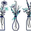 Three illustrations of floral bouquets in glass vases with watercolor leaves and stems.