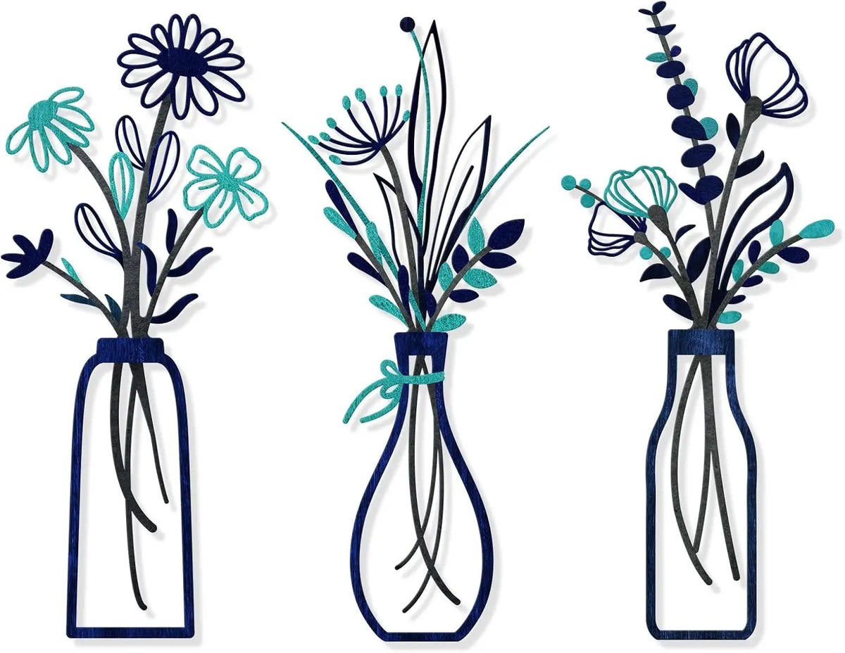 Three illustrations of floral bouquets in glass vases with watercolor leaves and stems.