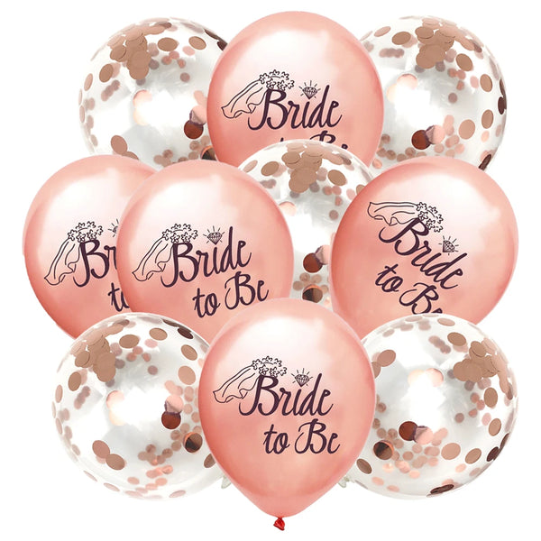 A pack of rose gold latex confetti balloons with 'Bride to Be' text and a silhouette of a horse and carriage.