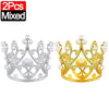 A set of two mixed mini crown cake toppers, one silver and one gold.