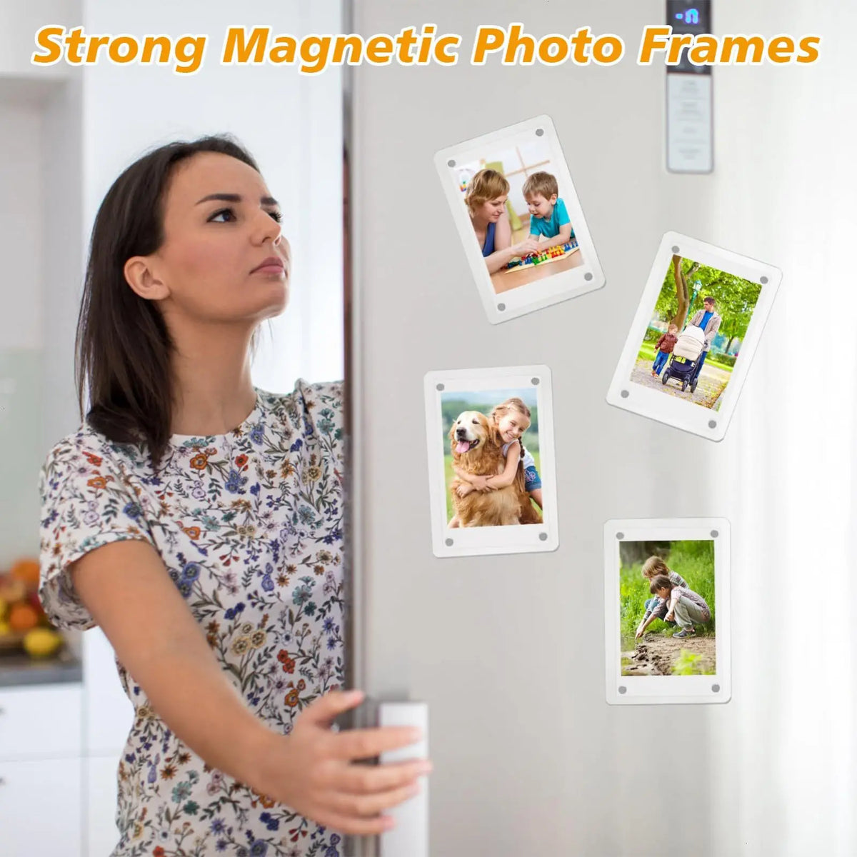 Strong magnetic photo frames displaying family and nature pictures on a refrigerator