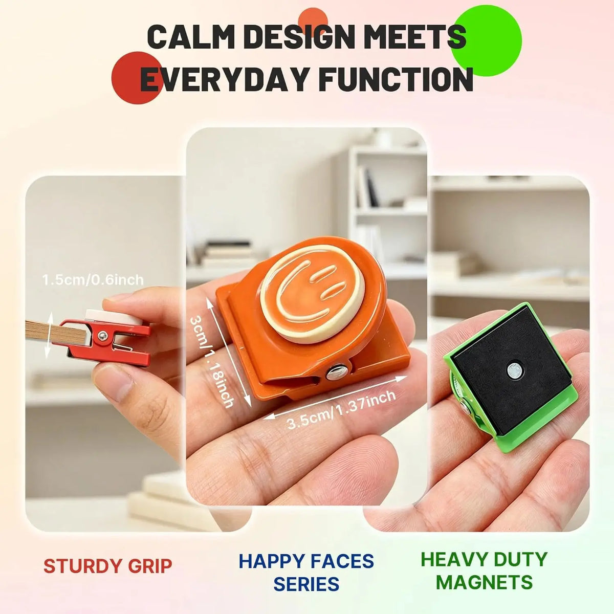 Orange magnetic clips with a sturdy grip and green magnets shown in hand