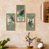 Three framed botanical wall art pieces featuring green and muted tones displayed on a textured beige wall.