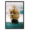 A painting of a historical battleship with sails on a calm sea under a cloudy sky.