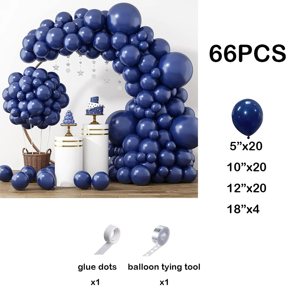 Navy blue balloon garland arch kit featuring various sized balloons and tools for decoration
