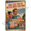A vintage-style plaque featuring a graphic of three people and text about BBQ.