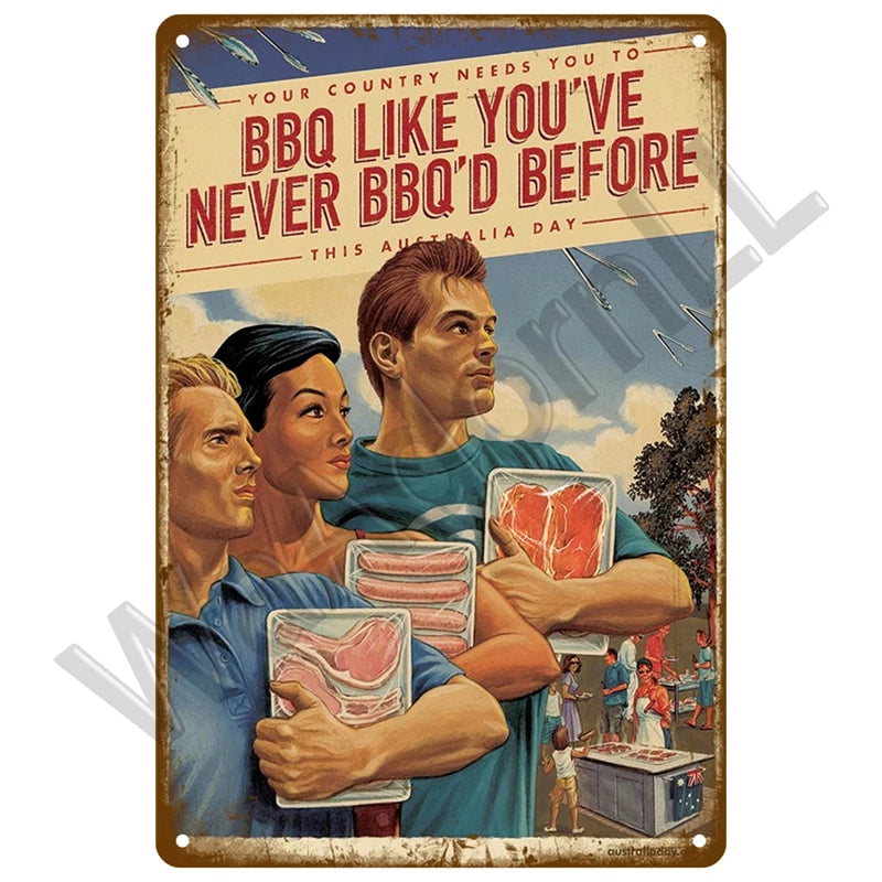 A vintage-style plaque featuring a graphic of three people and text about BBQ.