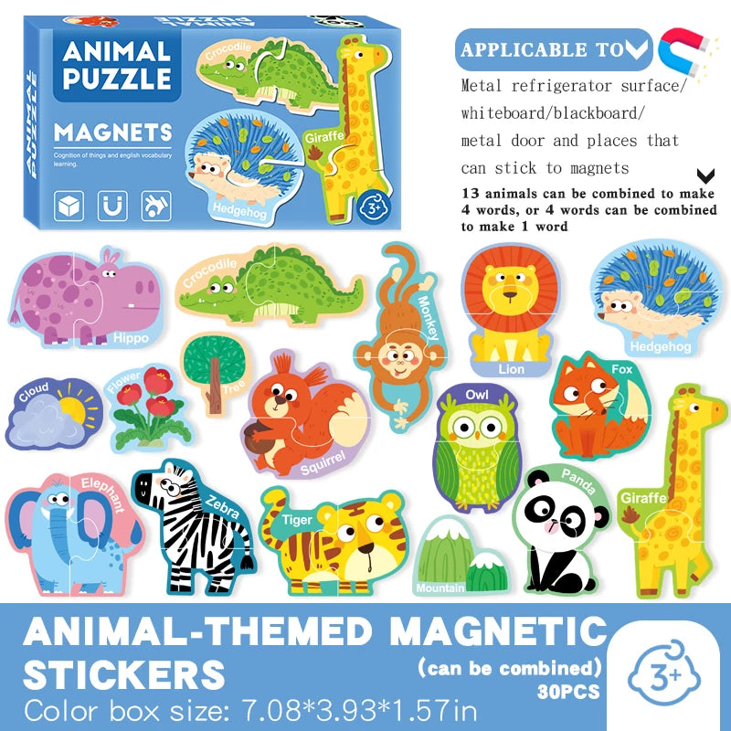 An animal puzzle set featuring magnetic animals and themed stickers for children
