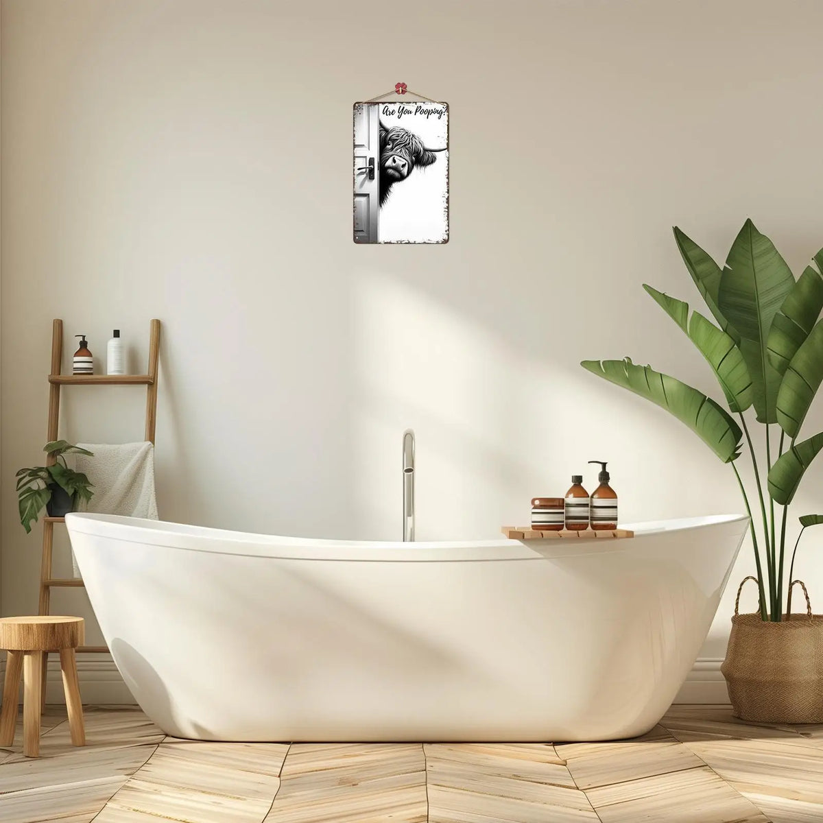 Art mural vintage de salle de bain avec illustration en noir et blanc de la tête d'une vache sur fond blanc.