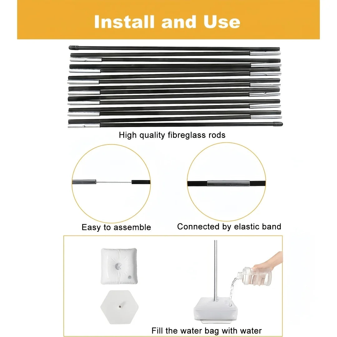 Installation and use guide showing high quality fiberglass rods, assembly, and filling a water bag.