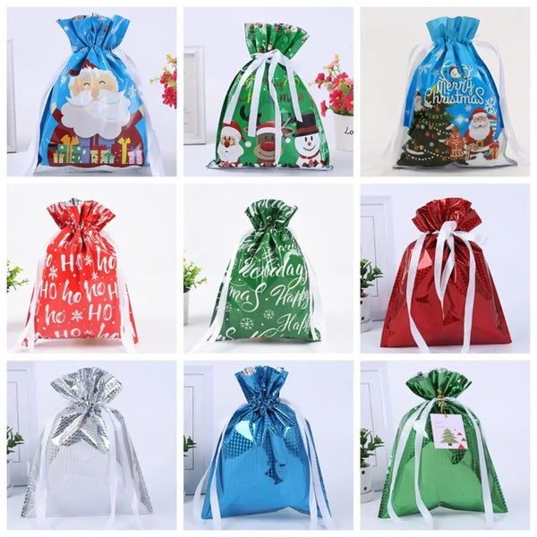 A set of five festive drawstring Christmas gift bags featuring Santa and snowman designs in blue, green, and red.