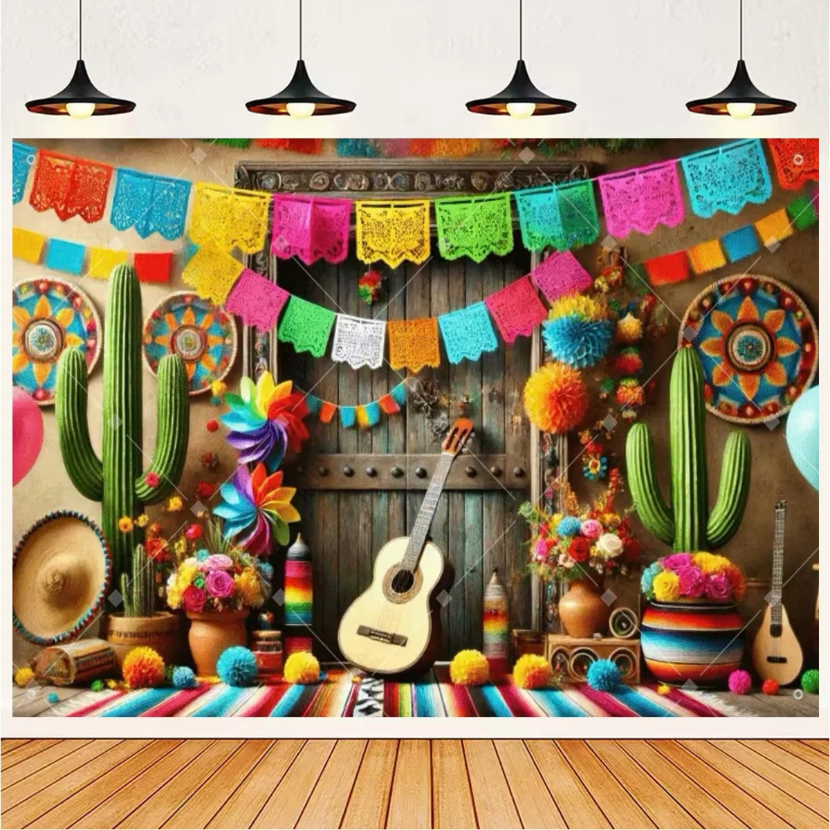A vibrant Mexican fiesta photo backdrop featuring a wooden guitar, sombrero, and cactus decorations.