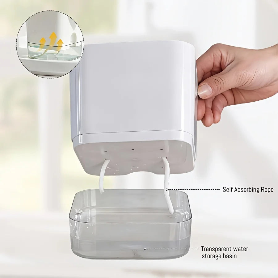 A hand holds a self-watering clear planter with an absorbing rope and a transparent water storage basin.