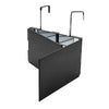 A black portable trifold vanity mirror with adjustable hooks.