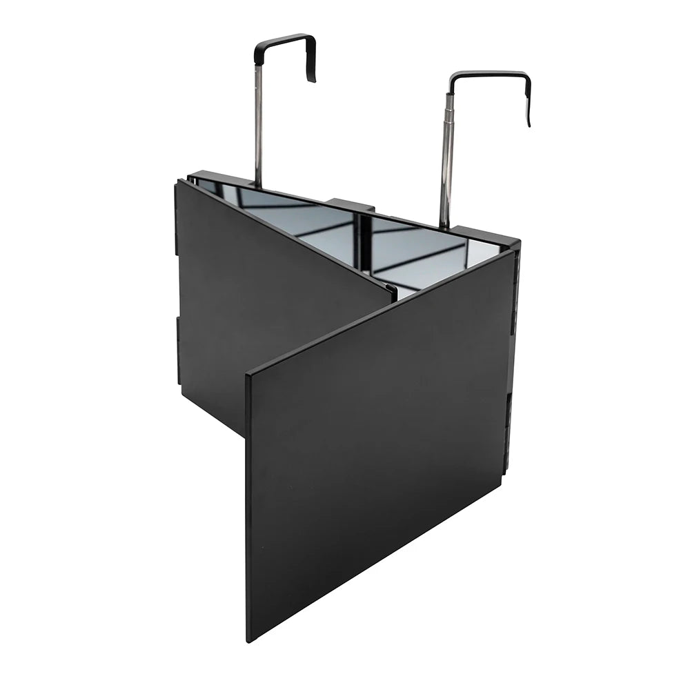 A black portable trifold vanity mirror with adjustable hooks.