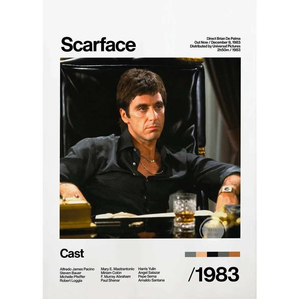 Movie poster for Scarface featuring Leonardo DiCaprio in a dark shirt and chair.