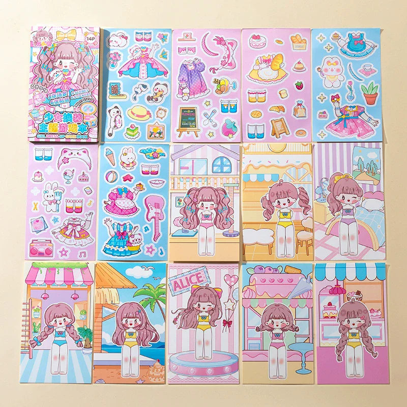 A collection of 14 princess dress-up sticker pages featuring various characters, outfits, and scenes.