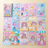 A collection of 14 princess dress-up sticker pages featuring various characters, outfits, and scenes.