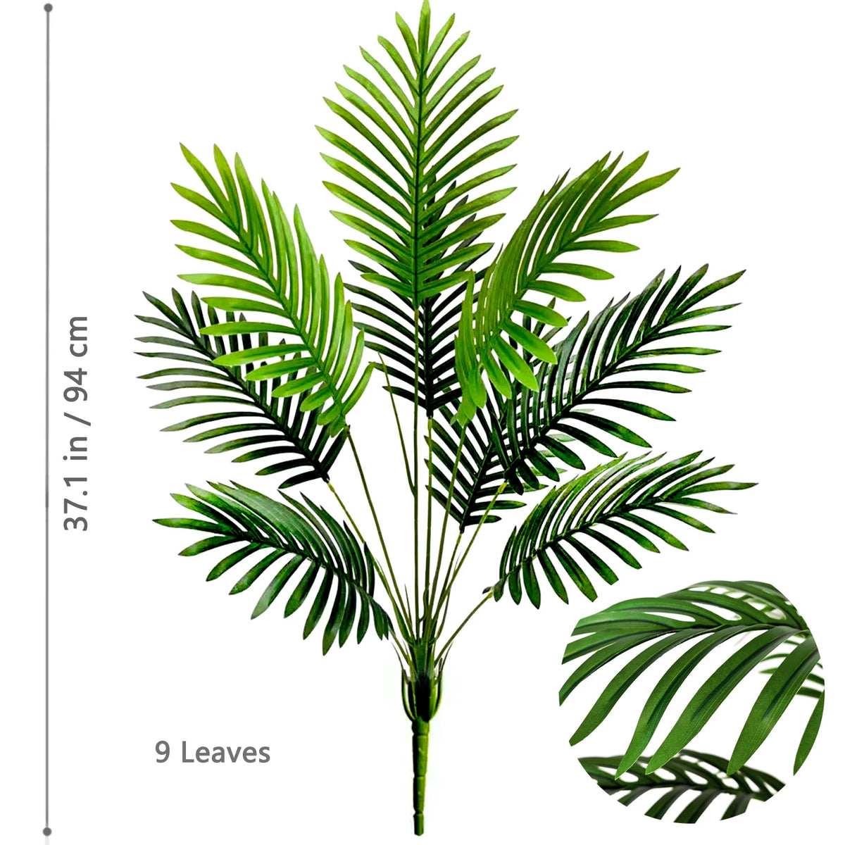 A realistic artificial palm tree featuring nine vibrant green silk leaves.