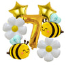 A set of six yellow and white aluminum foil daisy balloons, including a number seven and a bee shape.