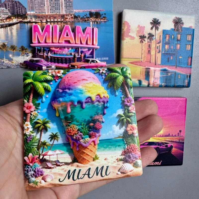 A collection of magnets featuring a vibrant Miami cityscape, including a neon sign and tropical elements.
