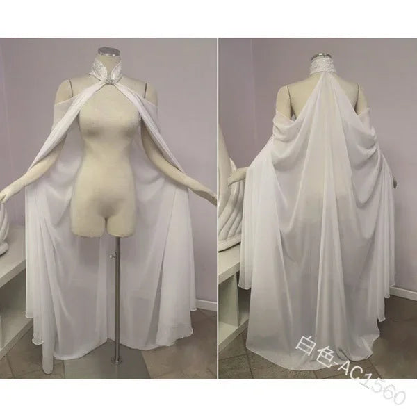 White sheer chiffon cape with tie closure displayed on a mannequin for costume use