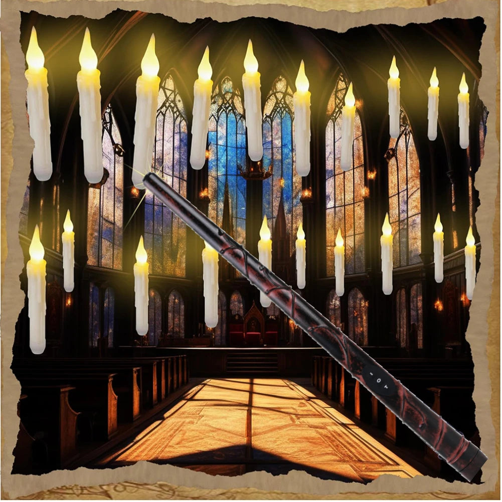 Flameless floating candles with a magic wand remote illuminating a dark, gothic church interior.