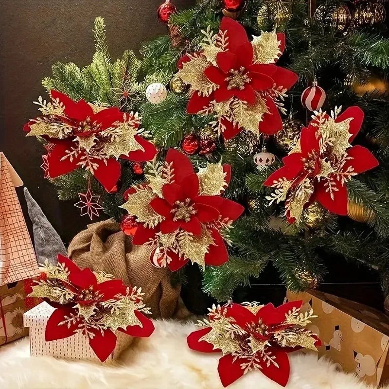 Glitter Christmas Flower Ornaments with Clips (Set of 5)