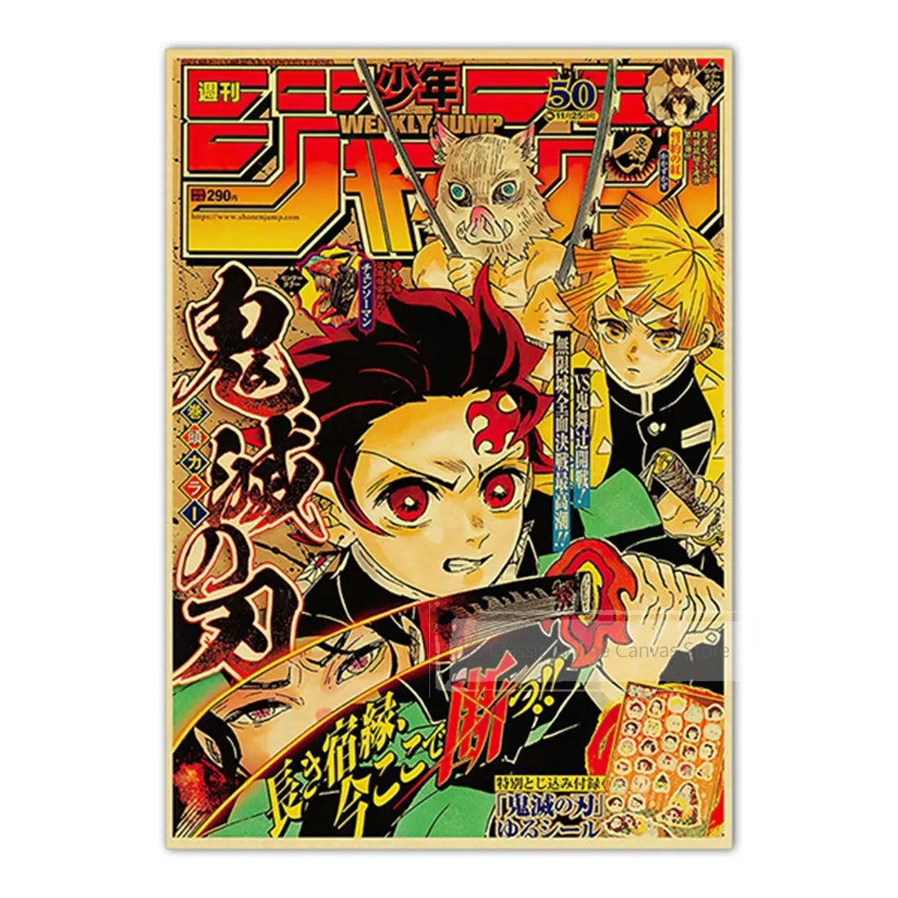 A poster featuring characters from JoJo, Jujutsu Kaisen, and Demon Slayer anime series.