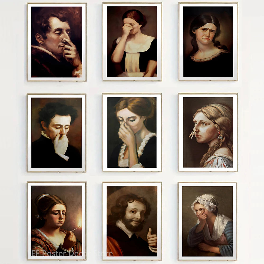 A grid of vintage humorous bathroom posters featuring portraits of women with expressive hands and thoughtful expressions.