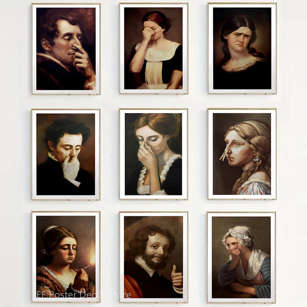 A grid of vintage humorous bathroom posters featuring portraits of women with expressive hands and thoughtful expressions.