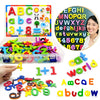 A set of magnetic alphabet and number tiles in various colors and shapes for children's learning